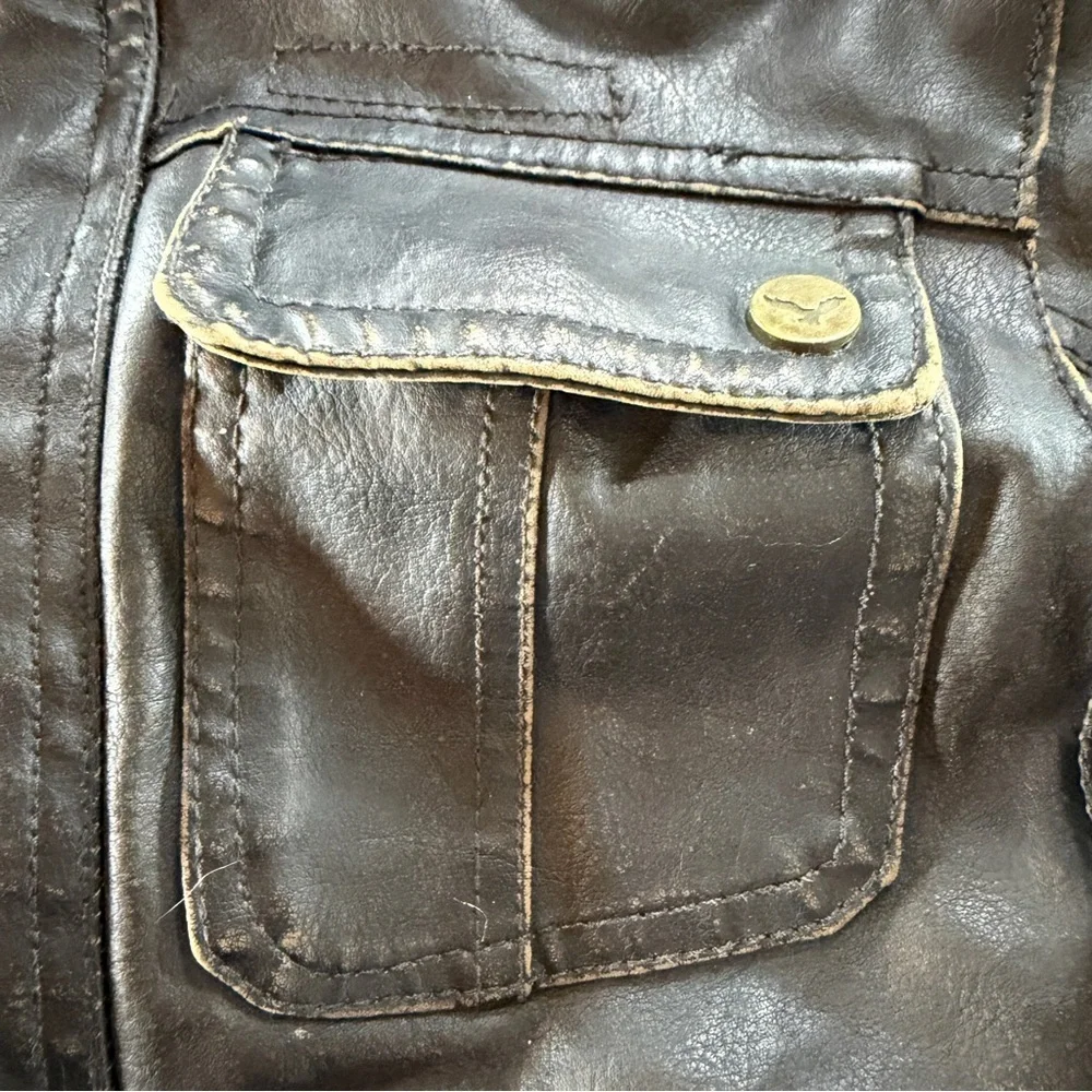 Hawke & Co Boys Helicopter Brown Faux Leather Jacket with Patch Sz 6